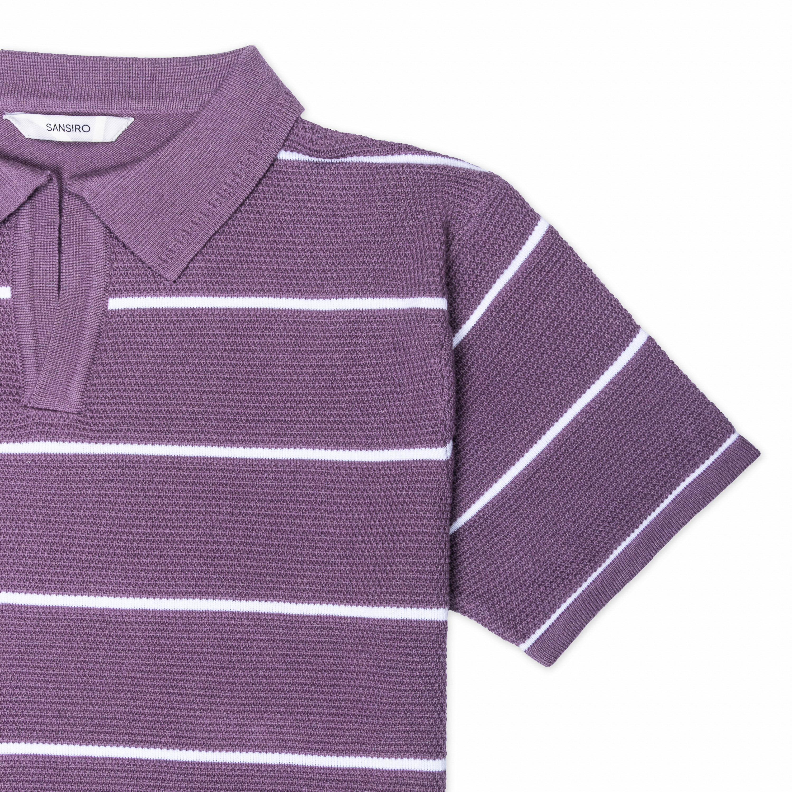 Purple and White Line Knit Strip Polo Neck T-SHirt